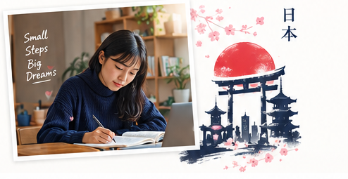 Student studying Japanese at a desk