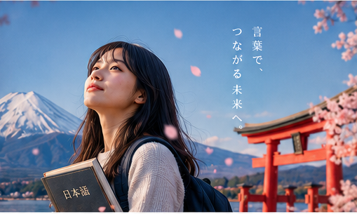 Student looking toward Mount Fuji with a Japanese language book